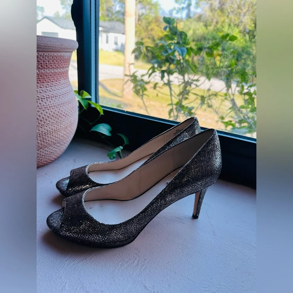 Nine West silver glitter peep-toe pump cocktail party evening wear heels Size 8M